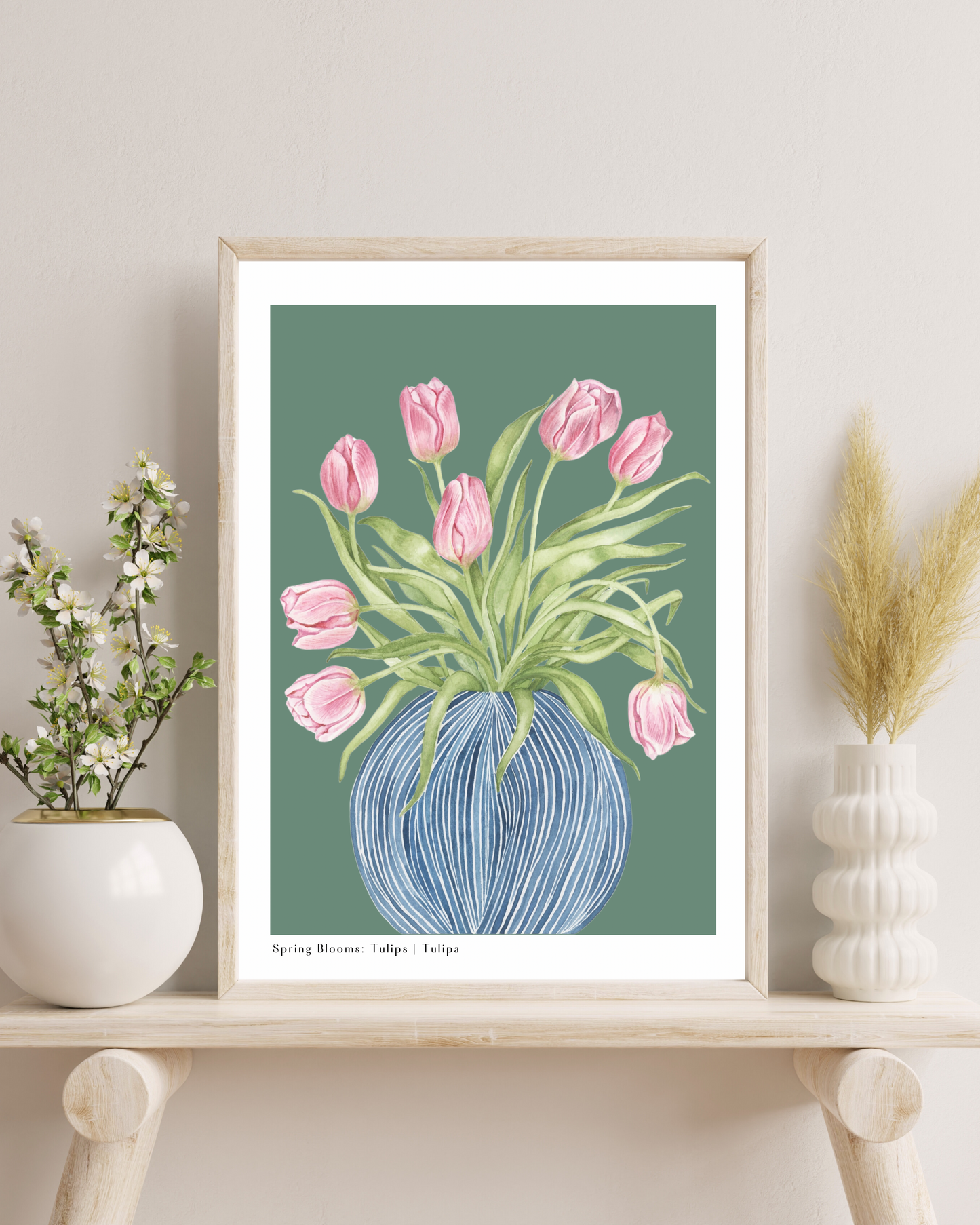 Botanical Tulips in Striped Vase Watercolour Wall Art Print
