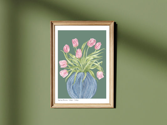 Botanical Tulips in Striped Vase Watercolour Wall Art Print