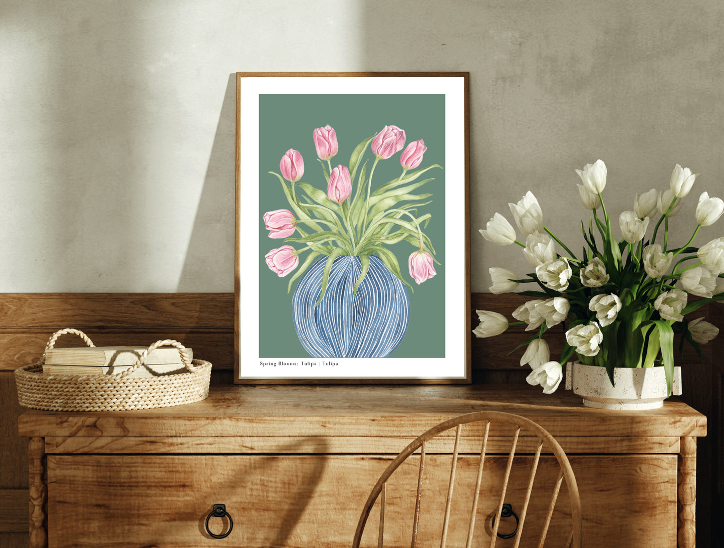 Botanical Tulips in Striped Vase Watercolour Wall Art Print
