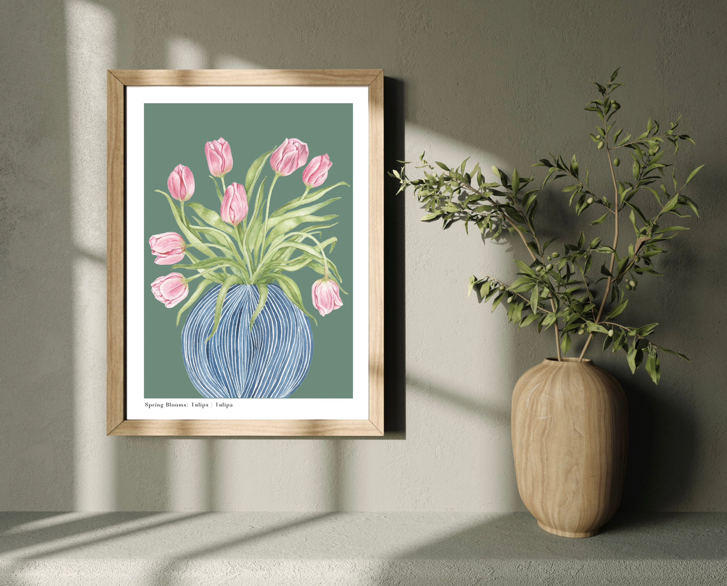 Botanical Tulips in Striped Vase Watercolour Wall Art Print