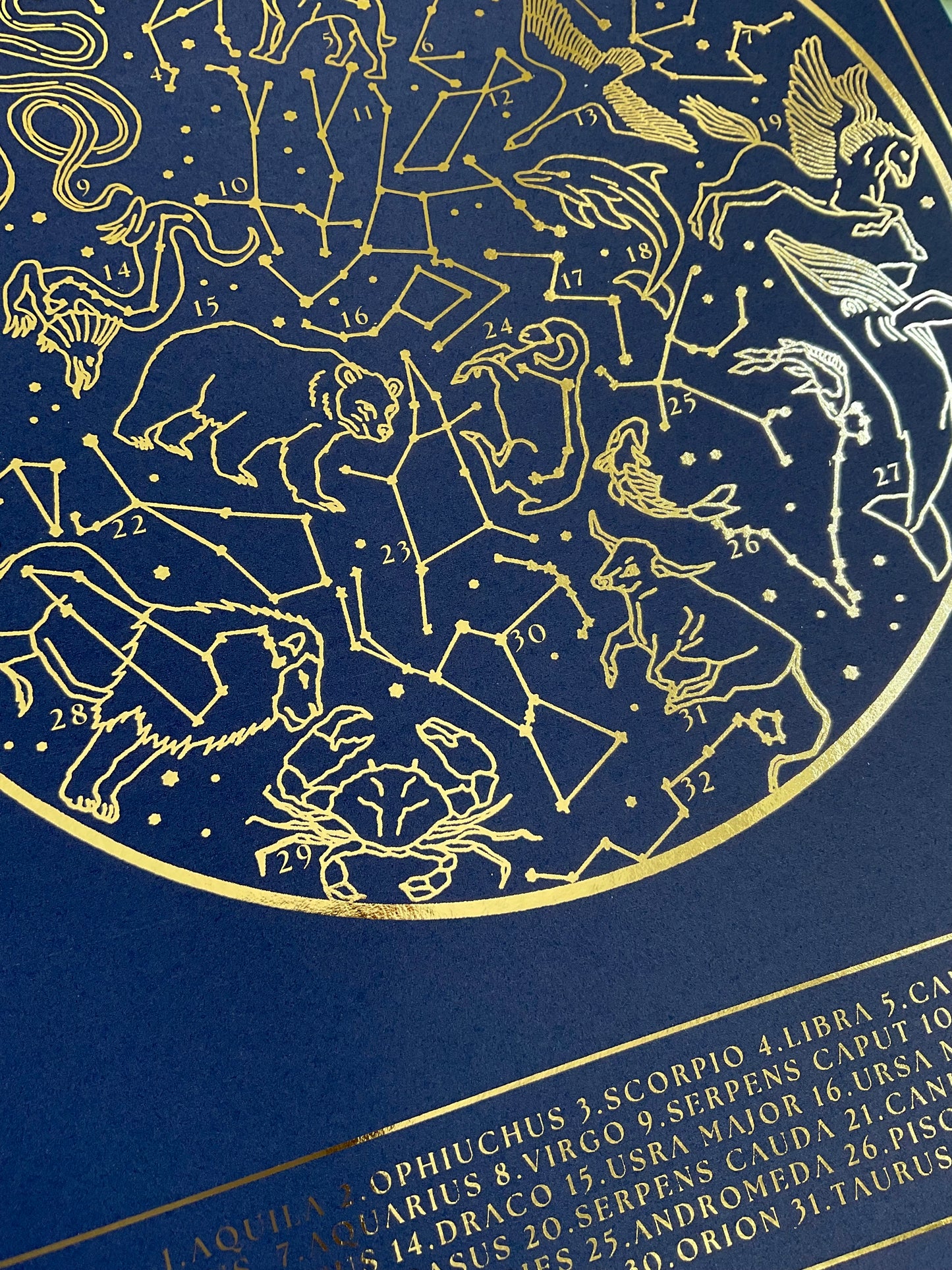 Northern Hemisphere Gold Foil Print, Constellations Star Map Planisphere Wall Art