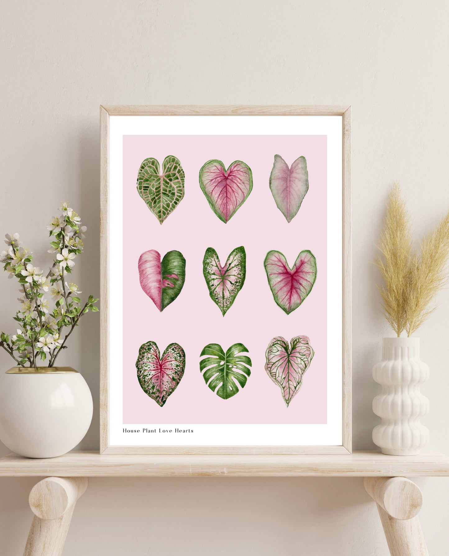 Botanical Pink House Plant Hearts Watercolour Art Print