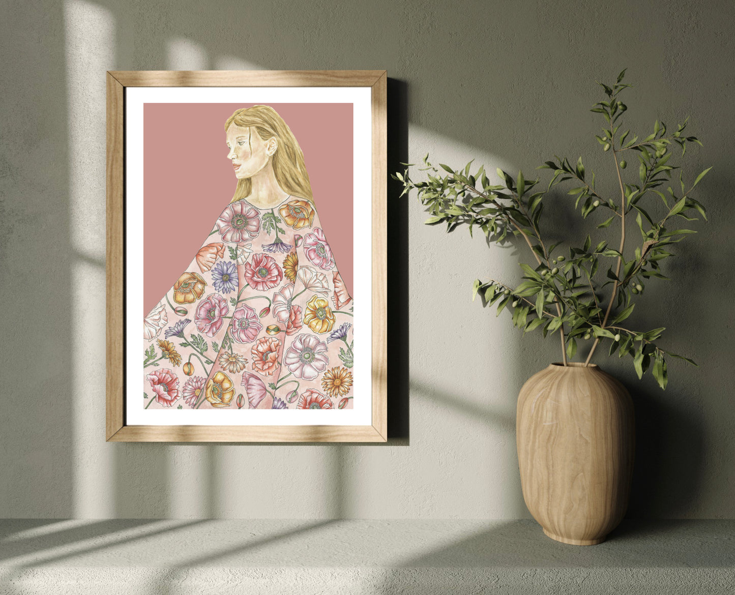 Woman in Botanical Poppy Dress Watercolour Art Print