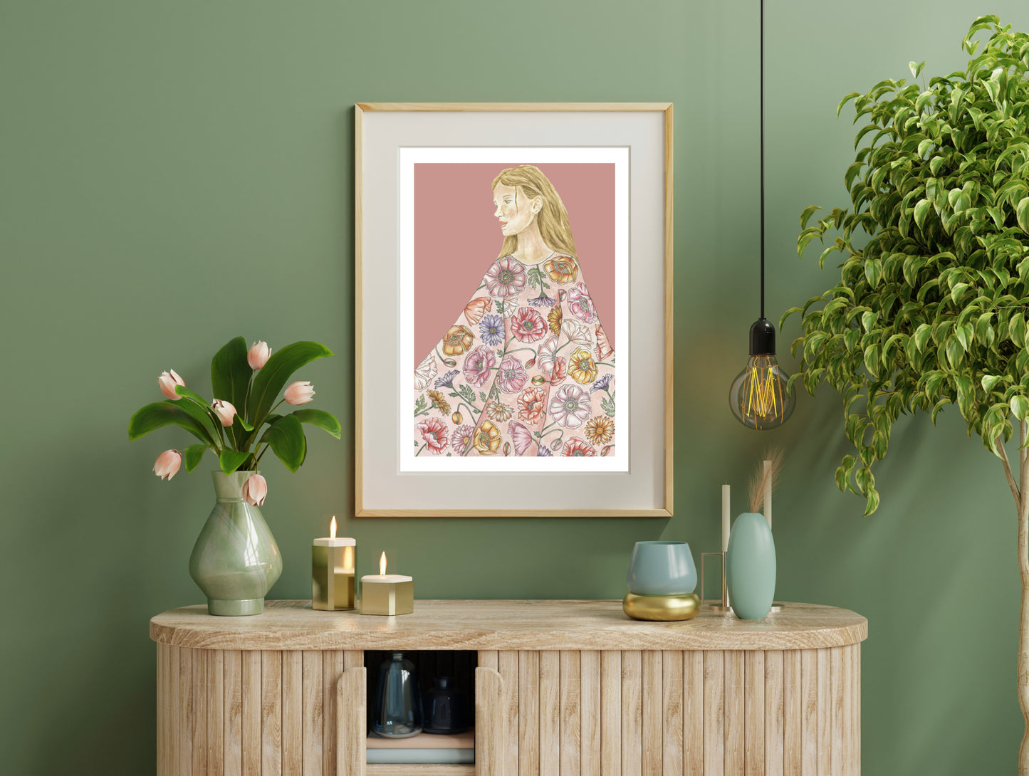 Woman in Botanical Poppy Dress Watercolour Art Print