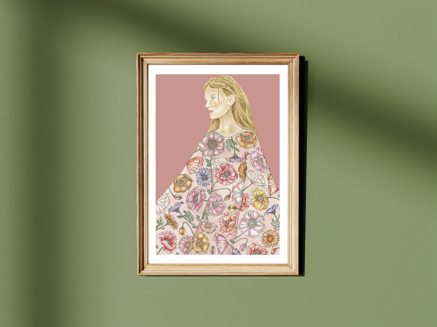 Woman in Botanical Poppy Dress Watercolour Art Print