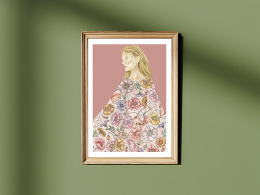 Woman in Botanical Poppy Dress Watercolour Art Print