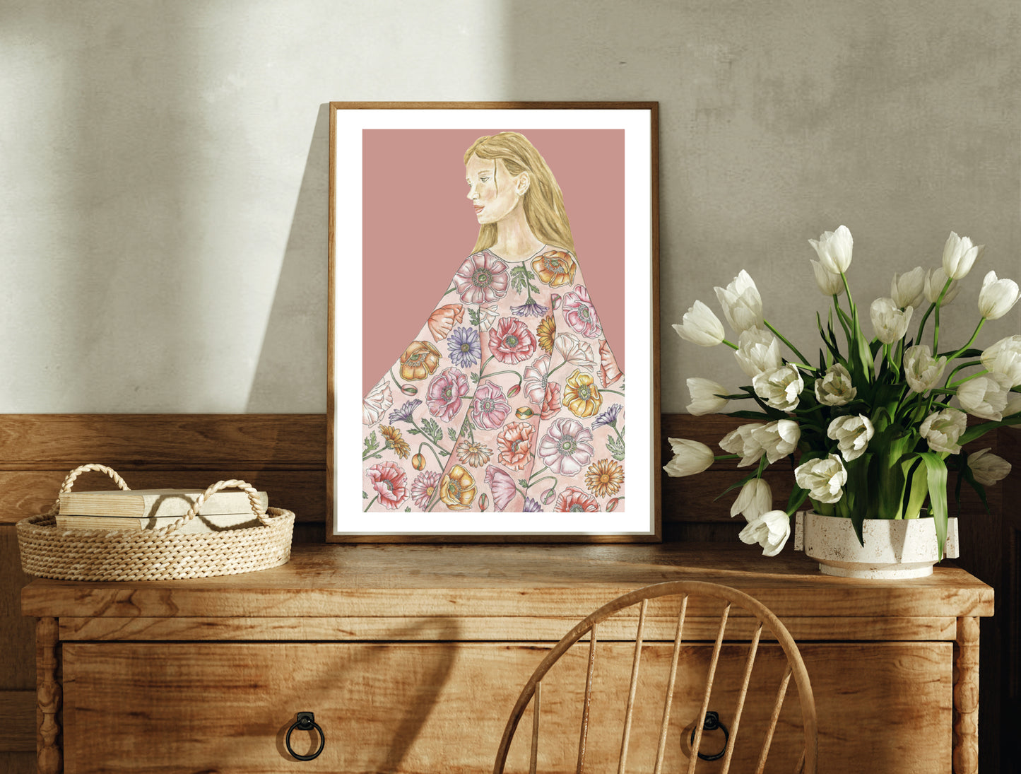 Woman in Botanical Poppy Dress Watercolour Art Print