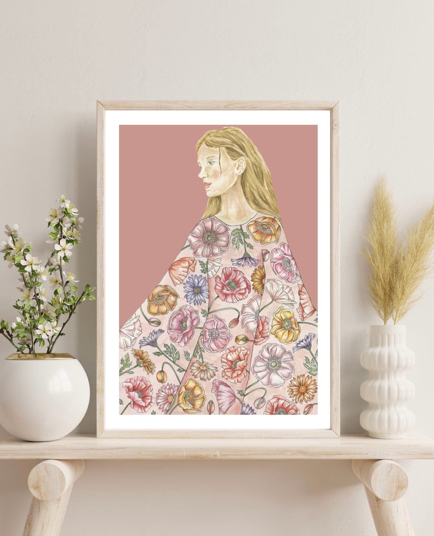 Woman in Botanical Poppy Dress Watercolour Art Print