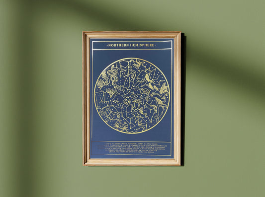 Northern Hemisphere Gold Foil Print, Constellations Star Map Planisphere Wall Art