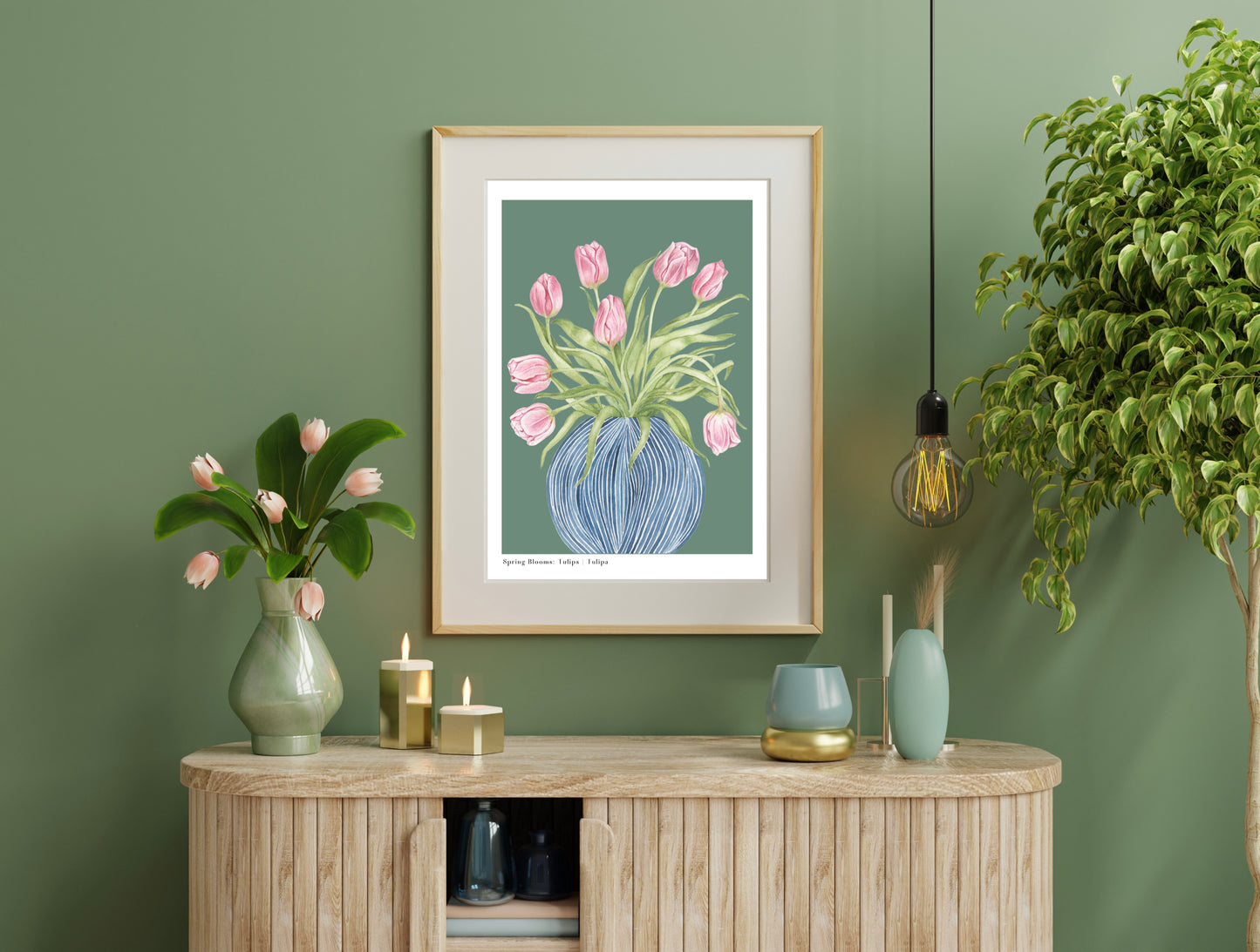 Botanical Tulips in Striped Vase Watercolour Wall Art Print