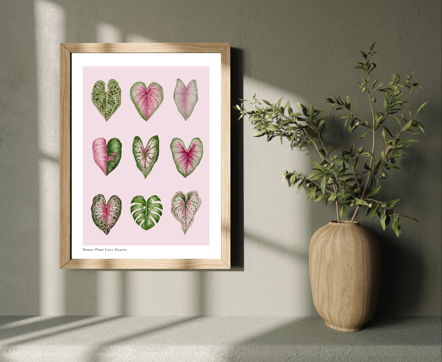 Botanical Pink House Plant Hearts Watercolour Art Print