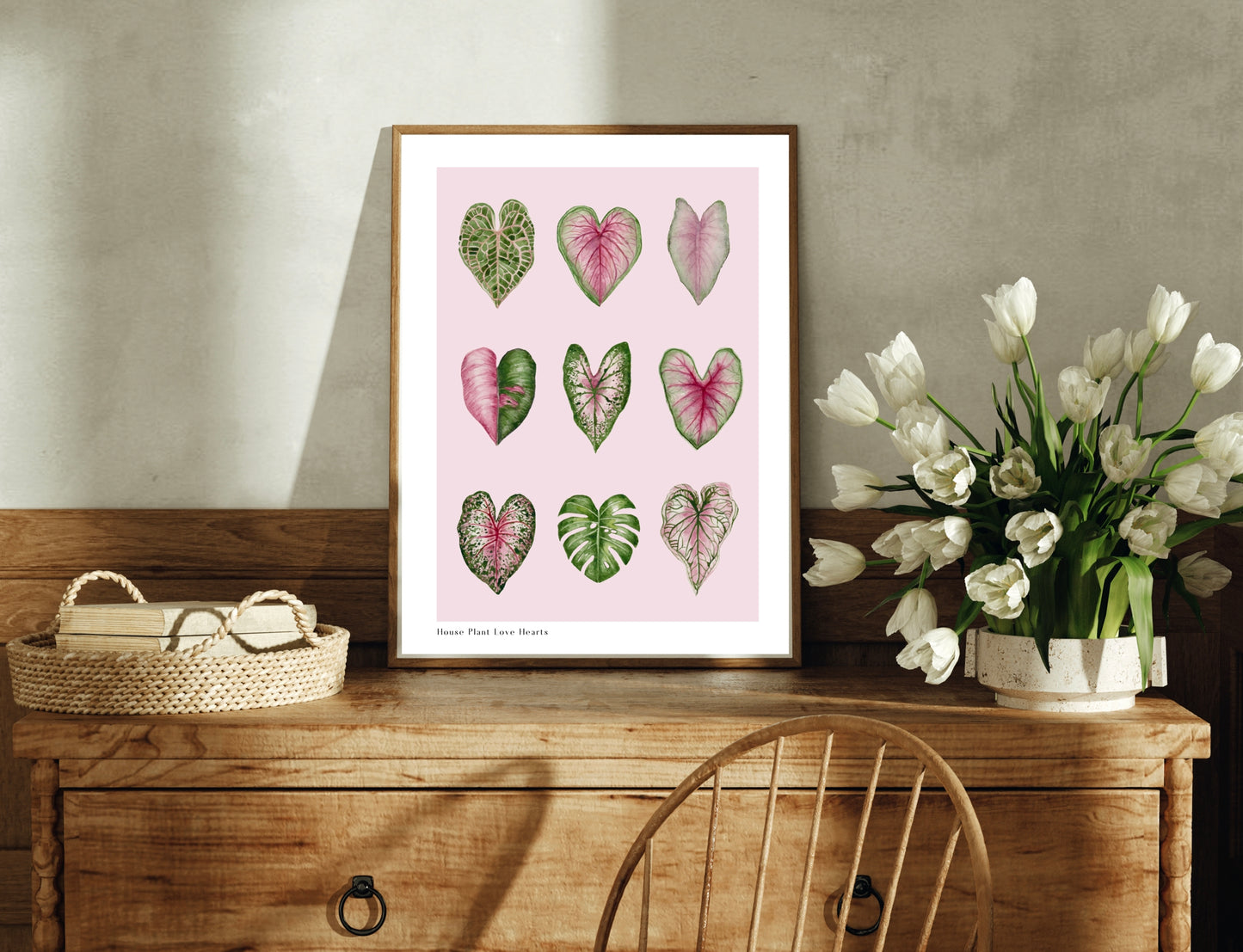 Botanical Pink House Plant Hearts Watercolour Art Print