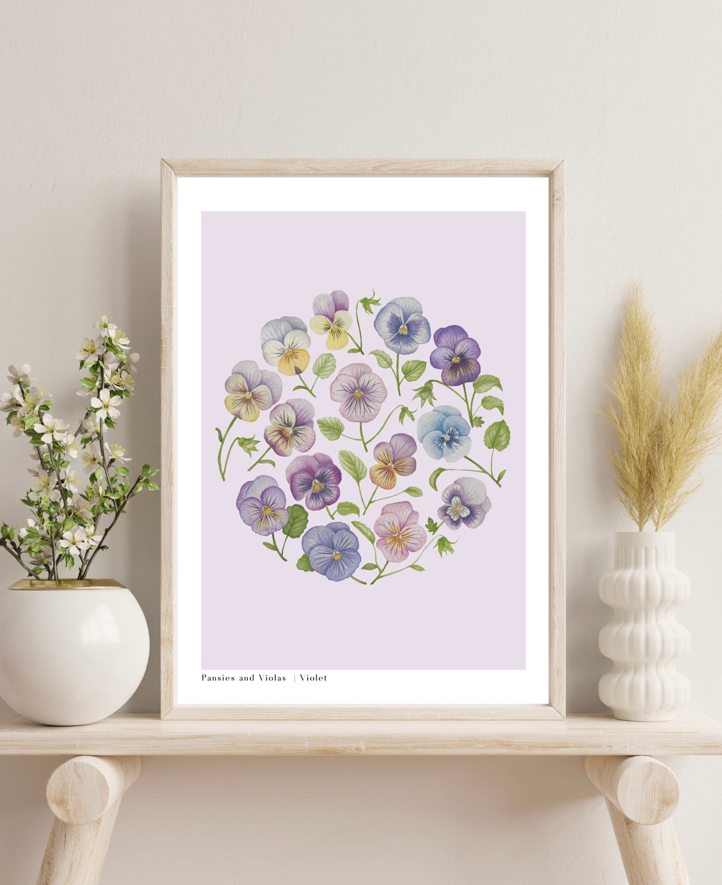 Botanical Pansies and Violas Watercolour Wall Art Print