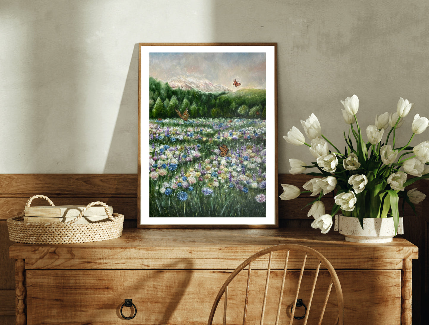 Dreamy Butterfly Field Landscape Oil Pastel Print