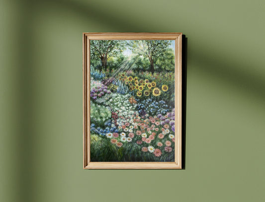 Flower Garden Landscape Oil Pastel Print