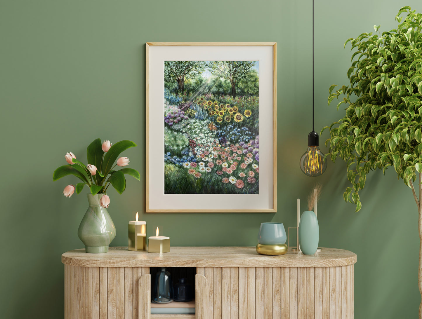 Flower Garden Landscape Oil Pastel Print