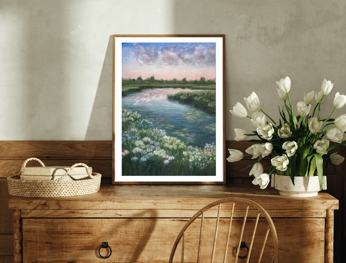 Sunset River Landscape Oil Pastel Print