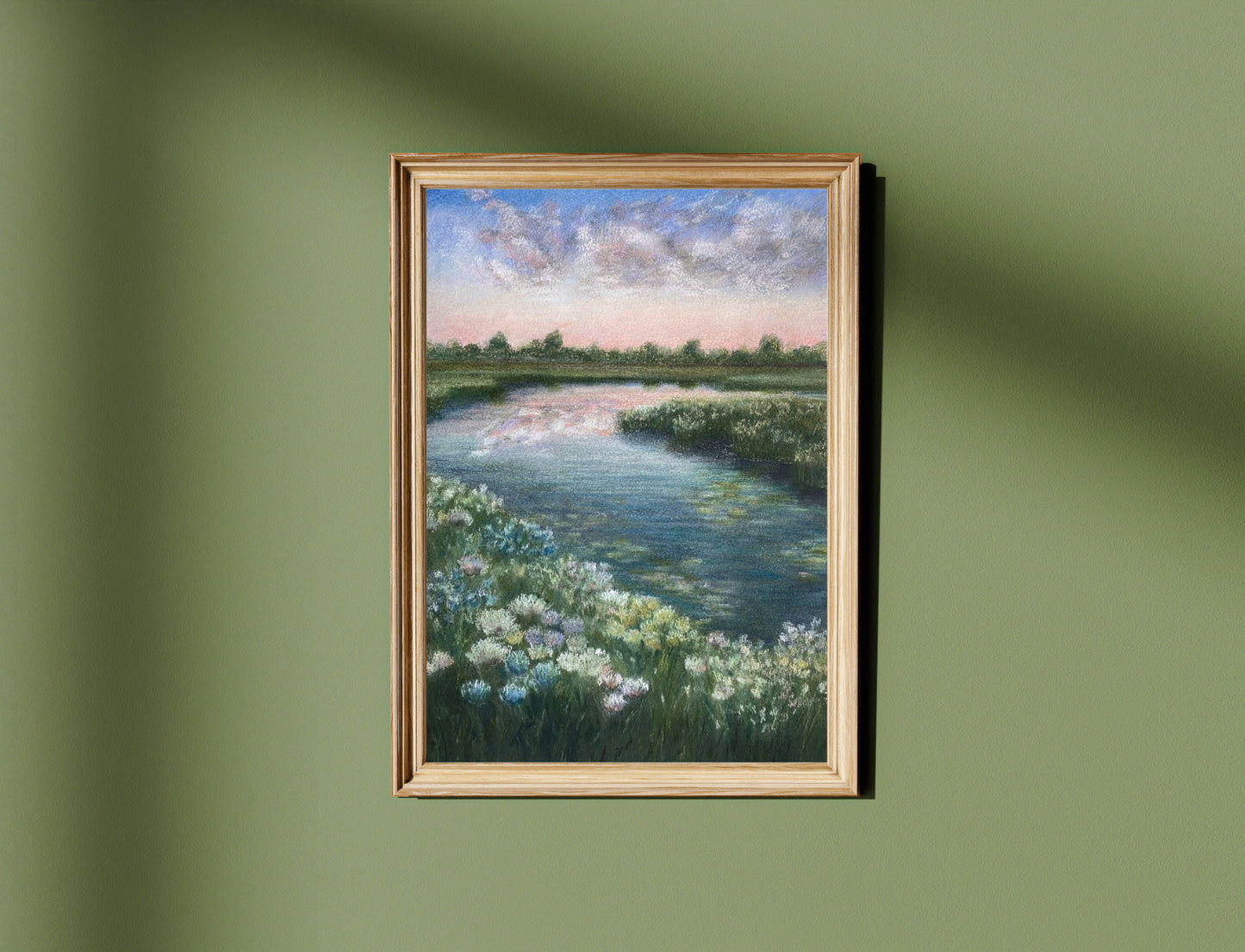 Sunset River Landscape Oil Pastel Print