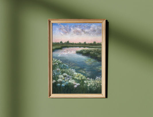 Sunset River Landscape Oil Pastel Print