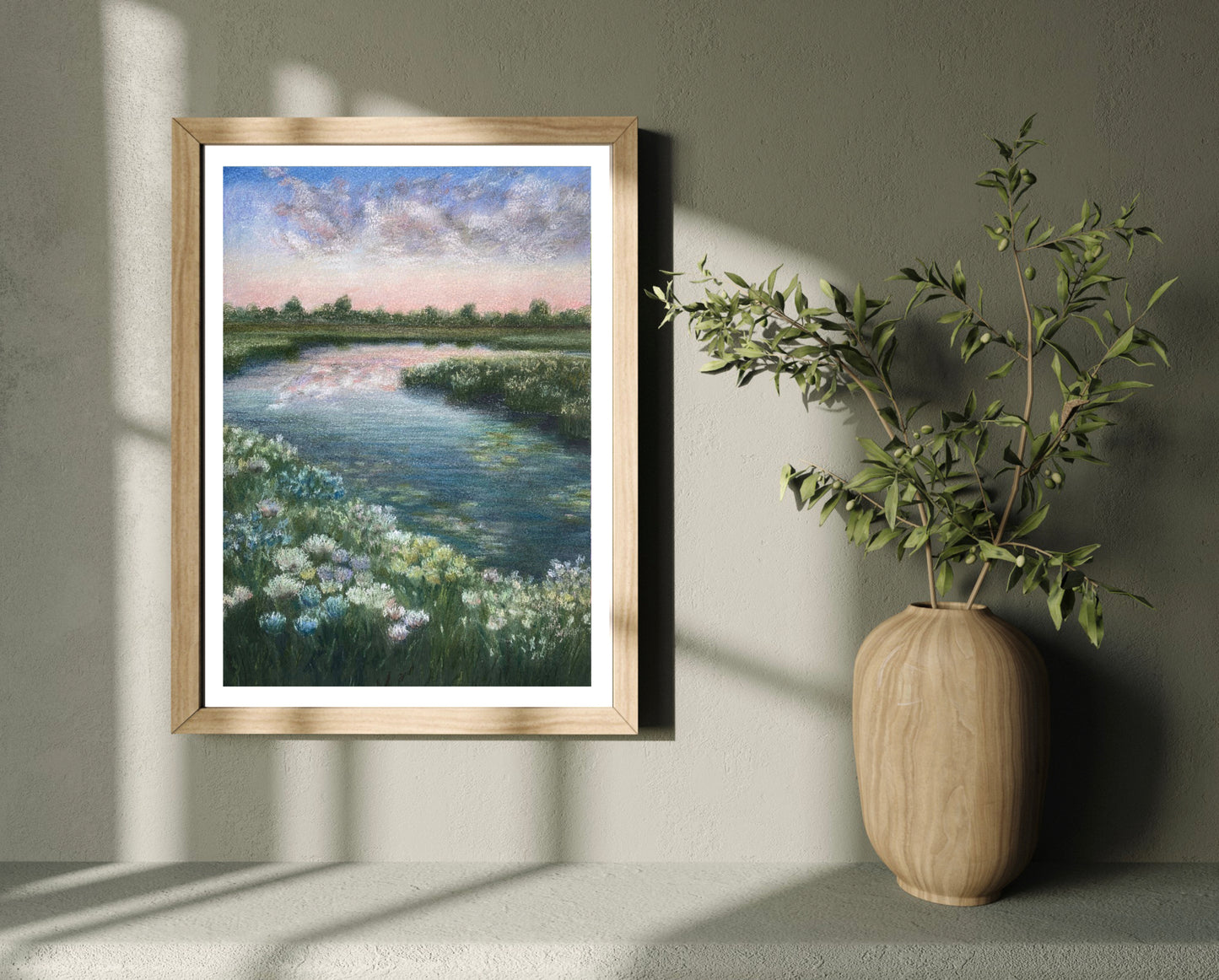 Sunset River Landscape Oil Pastel Print