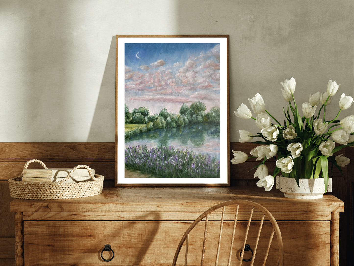 Moonlight River Clouded Landscape Oil Pastel Print