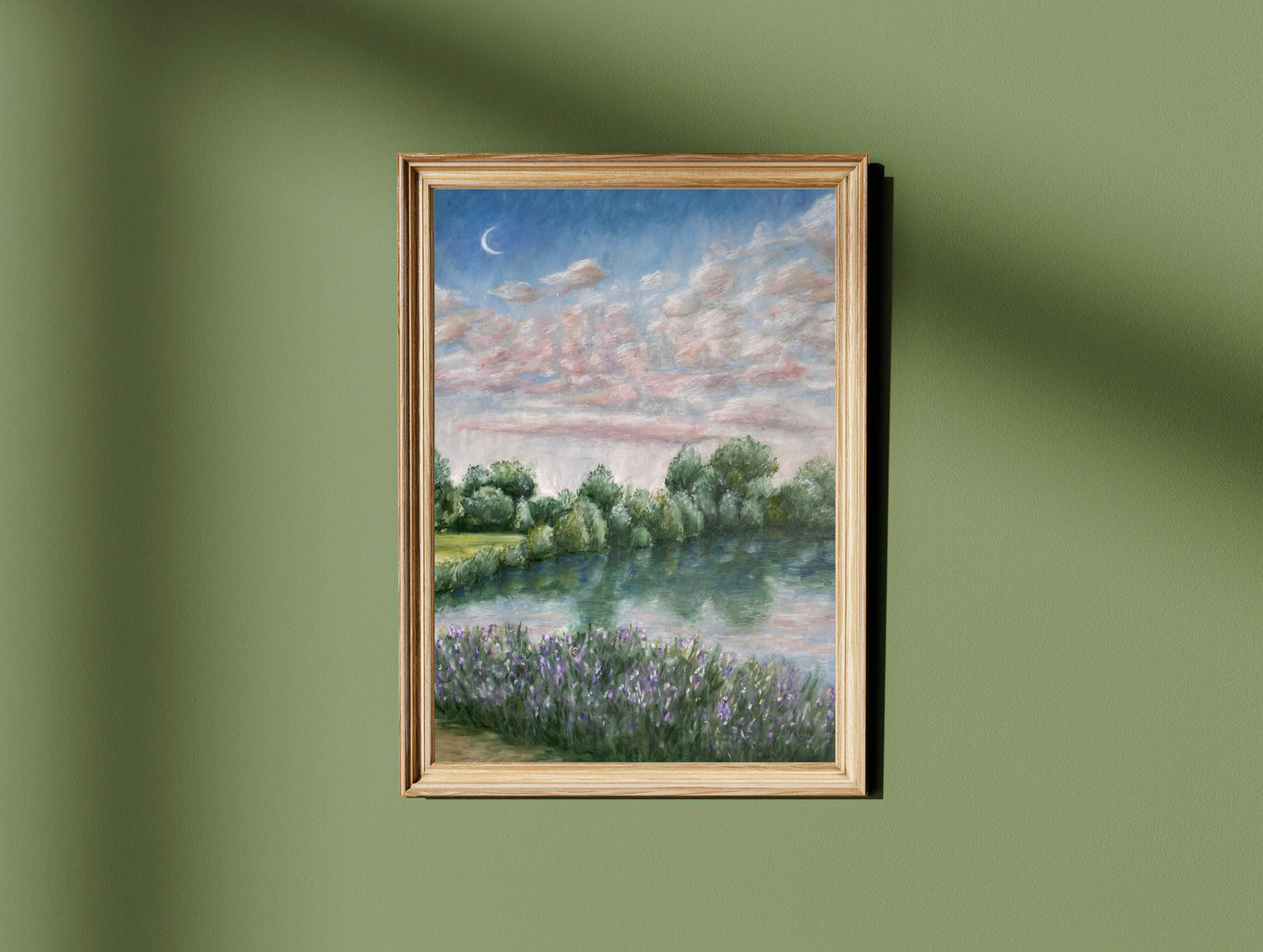 Moonlight River Clouded Landscape Oil Pastel Print