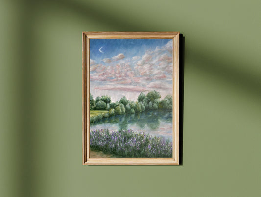 Moonlight River Clouded Landscape Oil Pastel Print