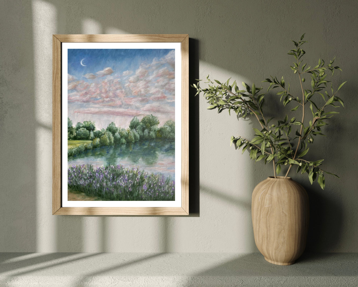 Moonlight River Clouded Landscape Oil Pastel Print