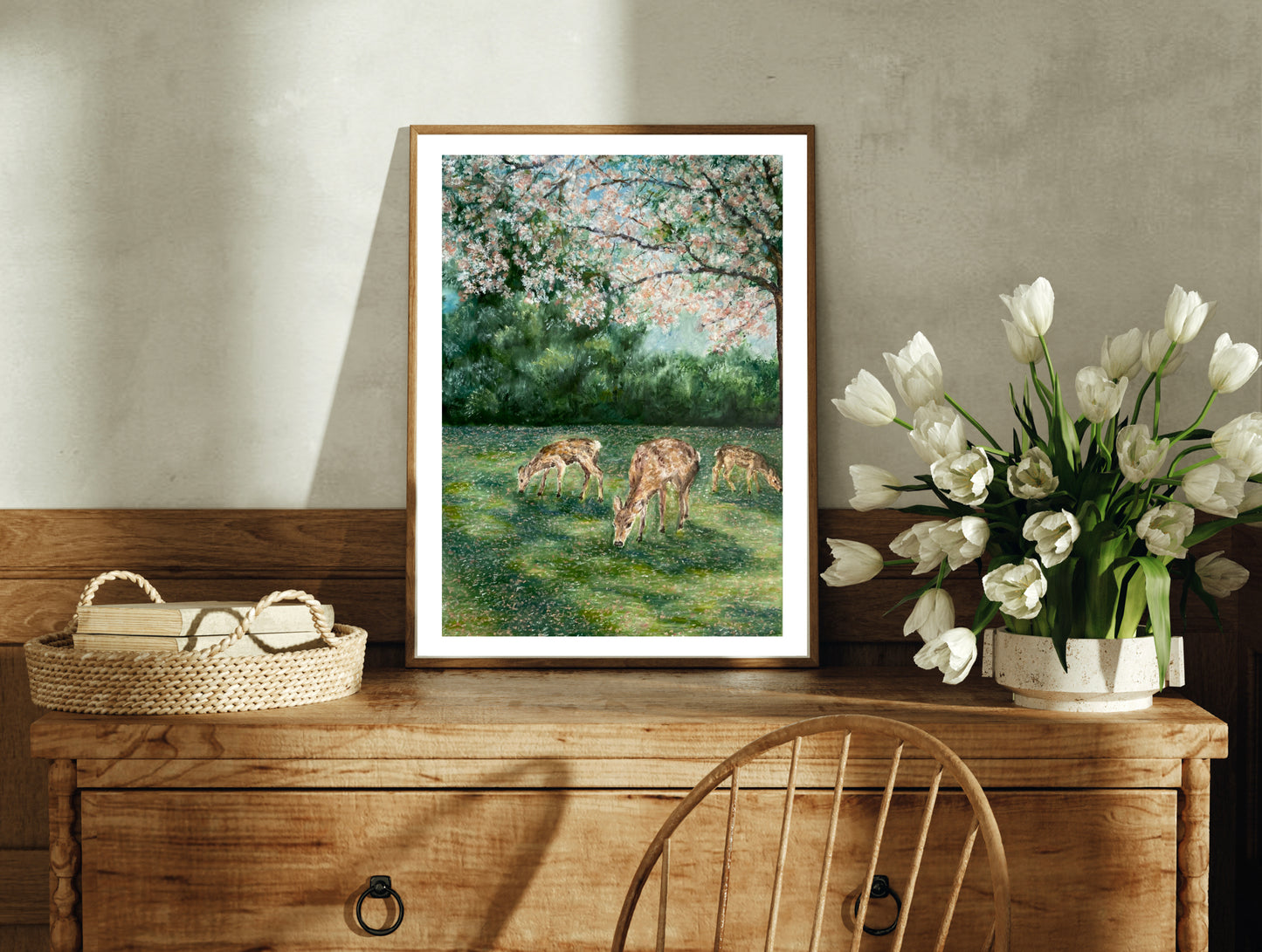 Deer Grazing Landscape Oil Pastel Print