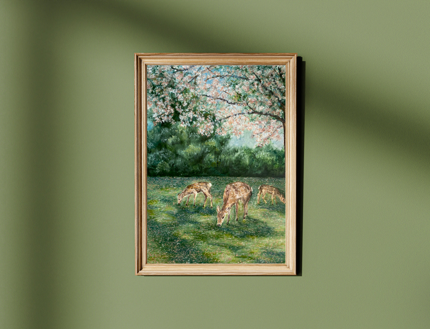 Deer Grazing Landscape Oil Pastel Print