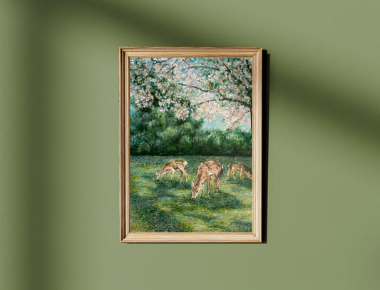 Deer Grazing Landscape Oil Pastel Print