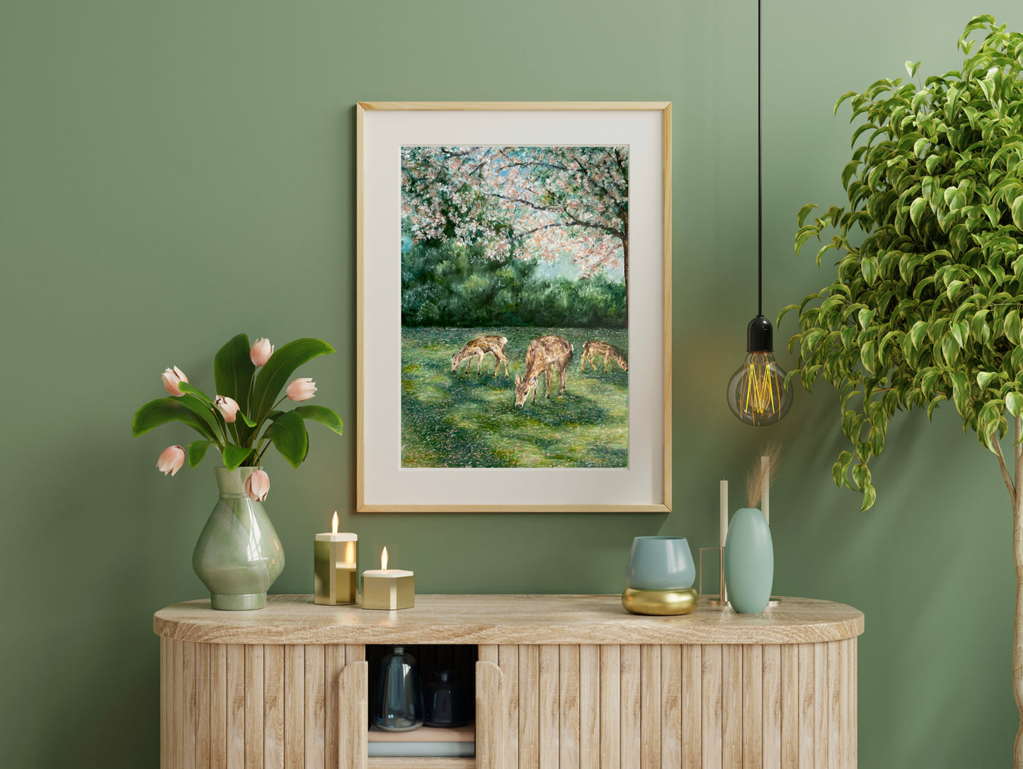 Deer Grazing Landscape Oil Pastel Print