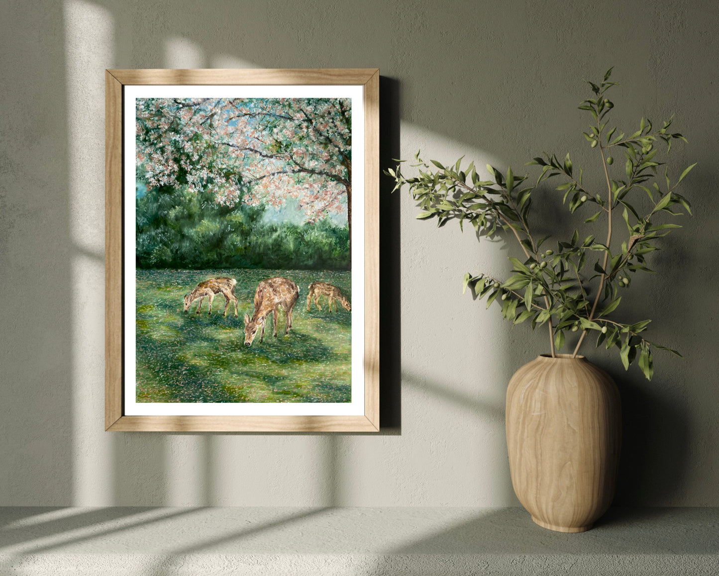 Deer Grazing Landscape Oil Pastel Print