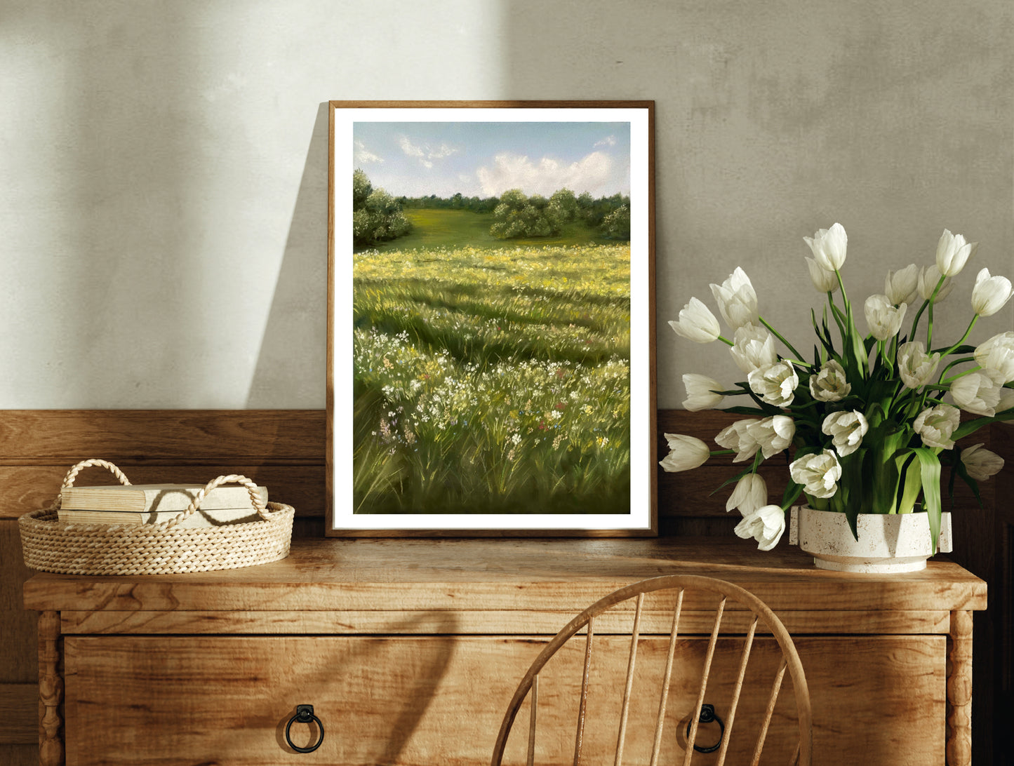 Countryside Meadow Landscape Soft Pastel Print