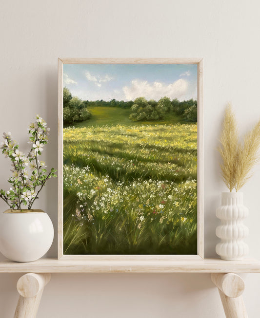 Countryside Meadow Landscape Soft Pastel Print