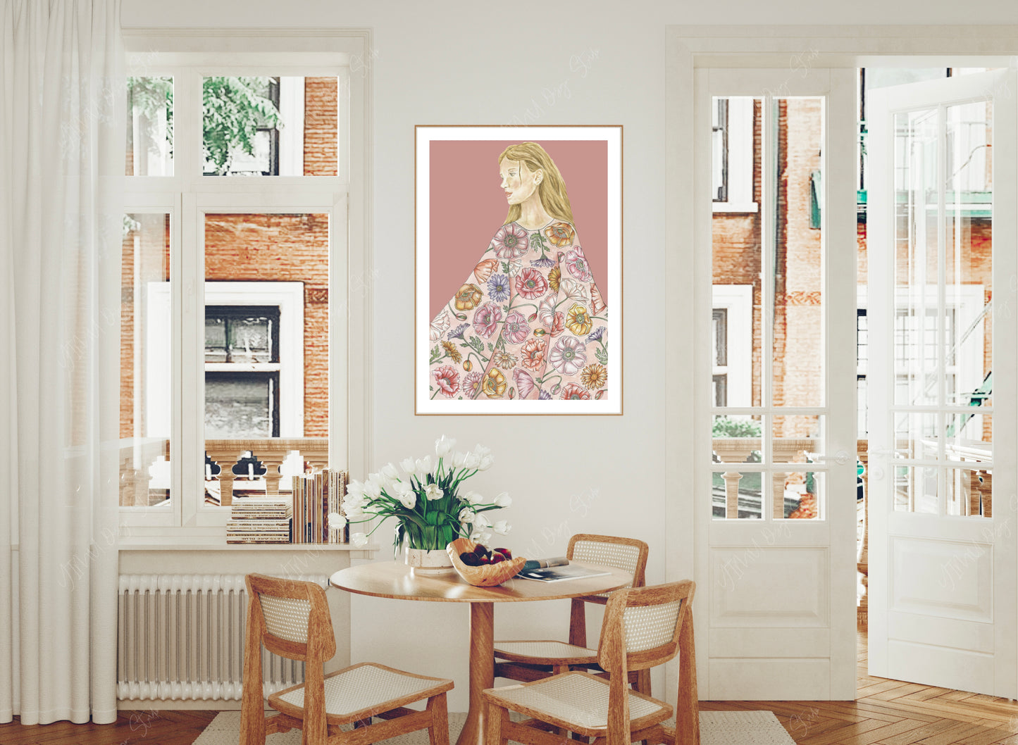 Woman in Botanical Poppy Dress Watercolour Art Print