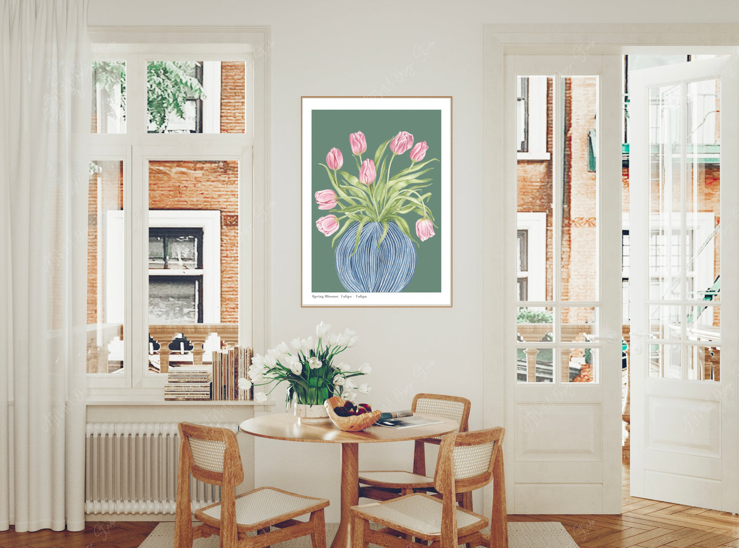 Botanical Tulips in Striped Vase Watercolour Wall Art Print
