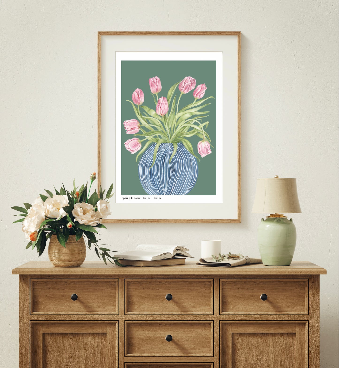 Botanical Tulips in Striped Vase Watercolour Wall Art Print