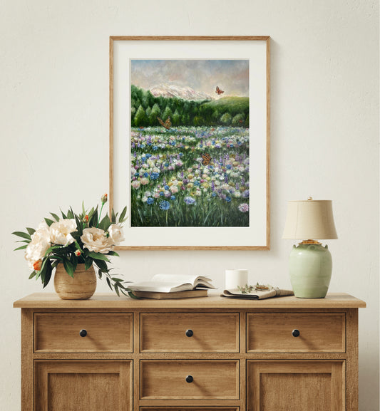 Dreamy Butterfly Field Landscape Oil Pastel Print