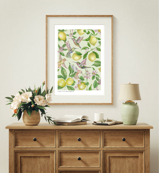 Lemon Tree Hummingbirds Botanical Watercolour Wall Art Print