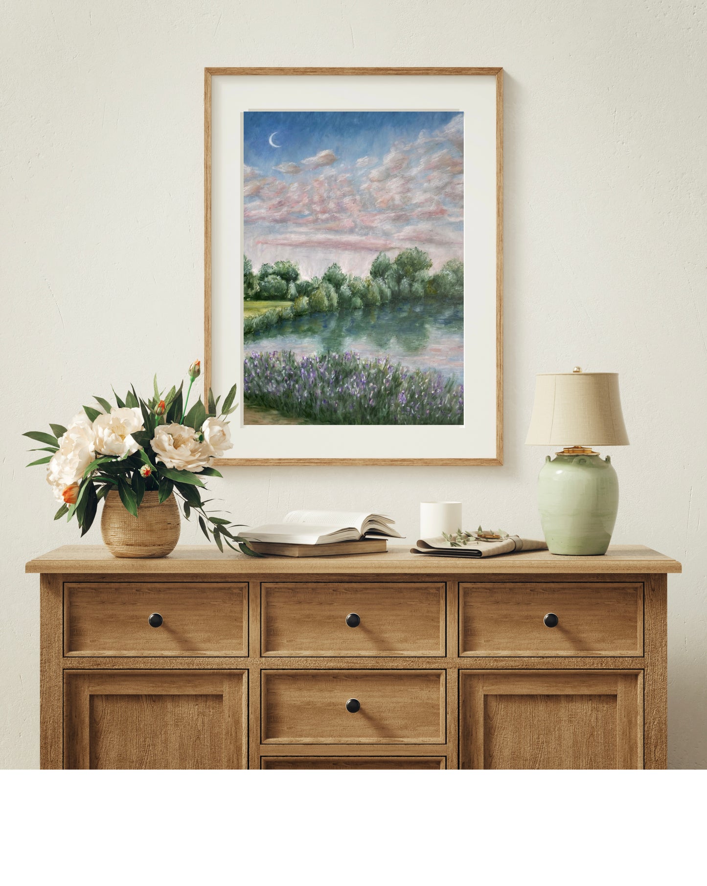 Moonlight River Clouded Landscape Oil Pastel Print