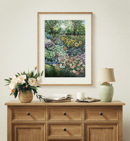 Flower Garden Landscape Oil Pastel Print