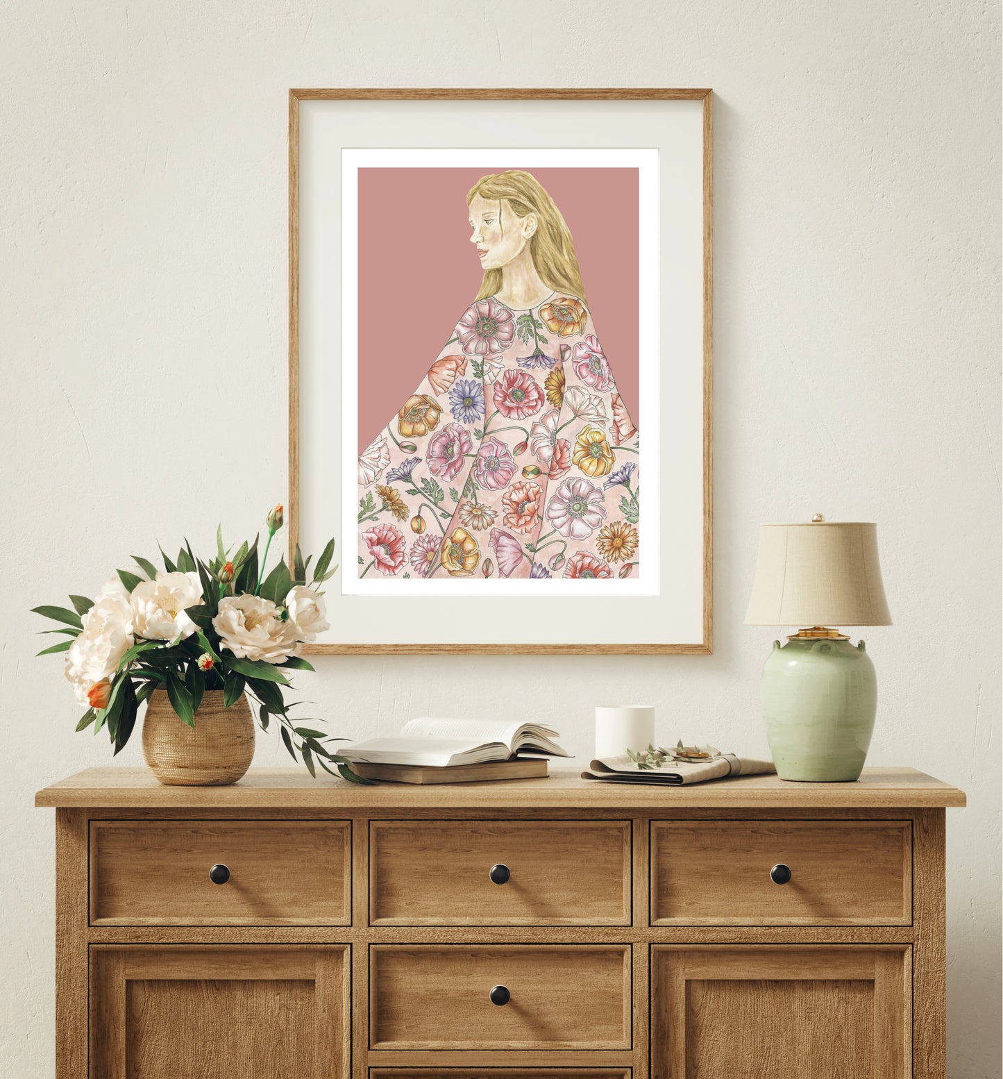 Woman in Botanical Poppy Dress Watercolour Art Print