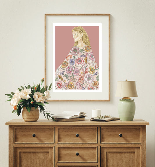 Woman in Botanical Poppy Dress Watercolour Art Print