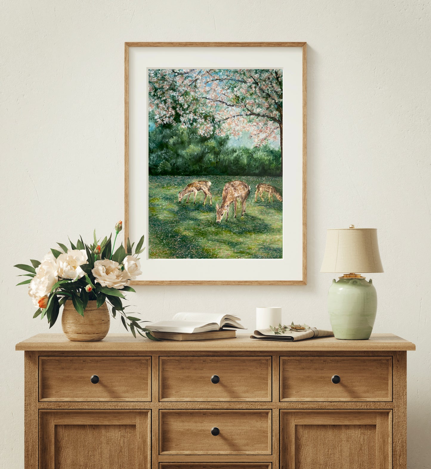 Deer Grazing Landscape Oil Pastel Print