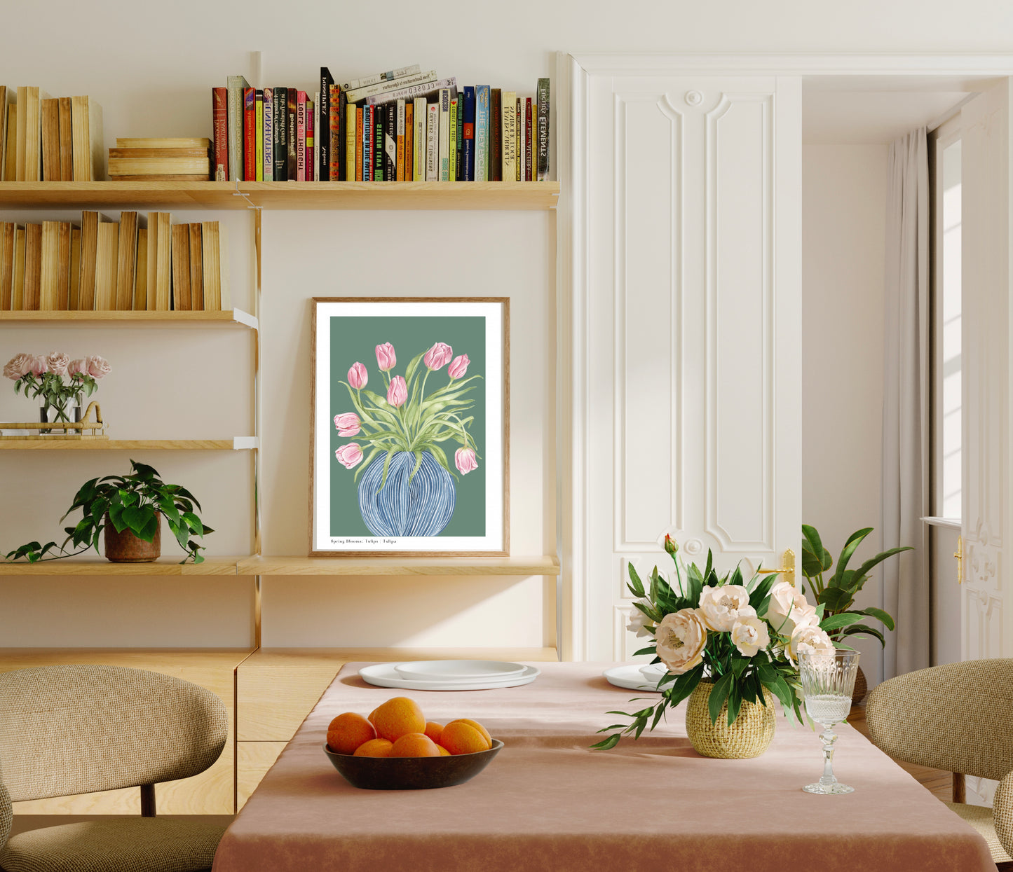 Botanical Tulips in Striped Vase Watercolour Wall Art Print