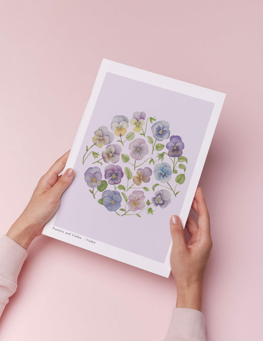 Botanical Pansies and Violas Watercolour Wall Art Print