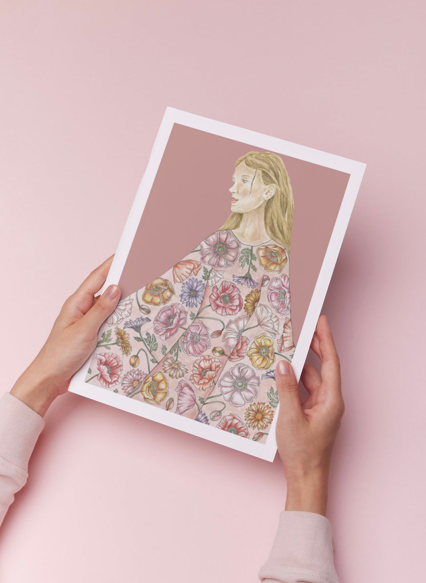 Woman in Botanical Poppy Dress Watercolour Art Print
