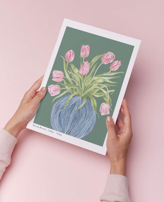 Botanical Tulips in Striped Vase Watercolour Wall Art Print