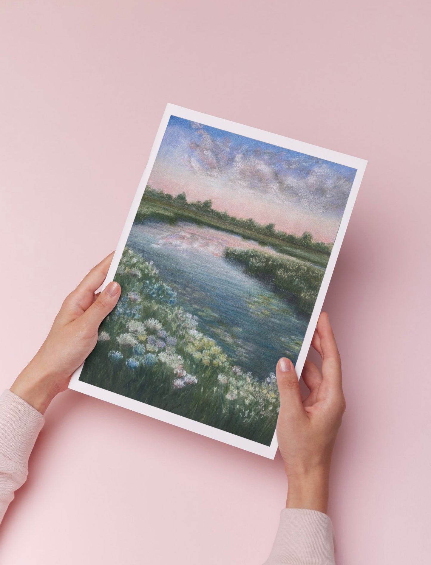 Sunset River Landscape Oil Pastel Print